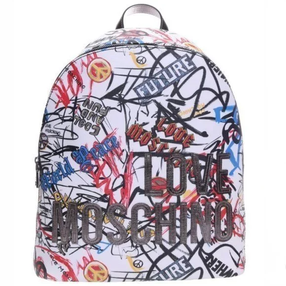 LOVE MOSCHINO White Graffiti Leather Backpack - Picture 3 of 15